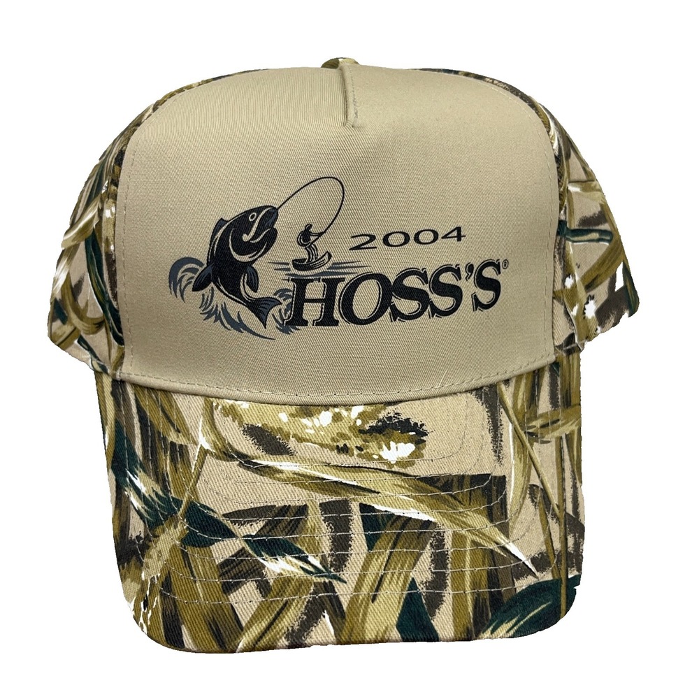 Vintage Fishing Hat Cap Strap Back Brown Tan Wet Lands Camo Y2K Hoss's Bass 2004